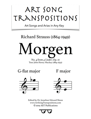 Book cover for STRAUSS: Morgen, Op. 27 no. 4 (transposed to G-flat major and F major)