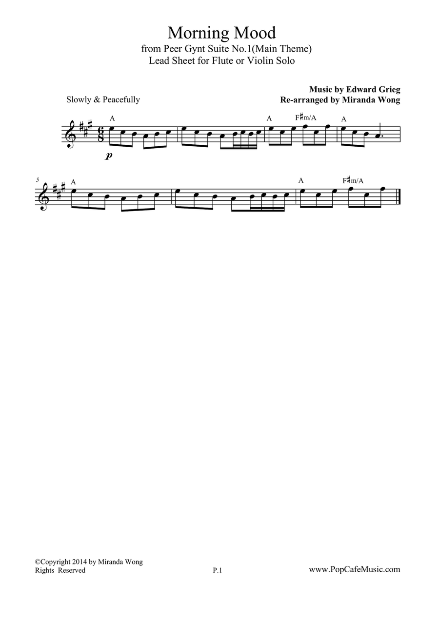 Morning Mood (Peer Gynt Suite) - Easy Violin Solo in A Key Flute scores gallery preview page 1