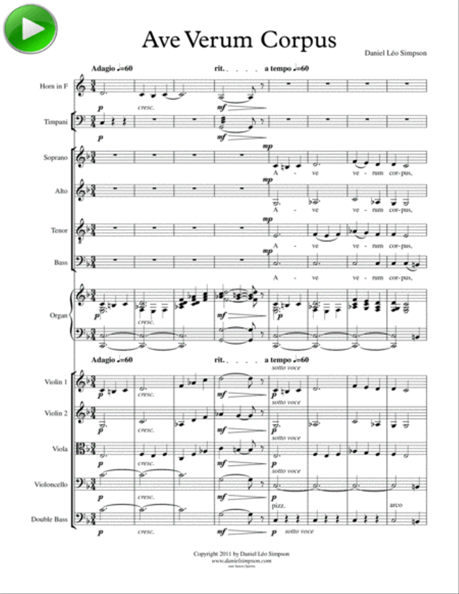 Ave Verum Corpus (Full Score & Parts and SATB/Organ score) image number null