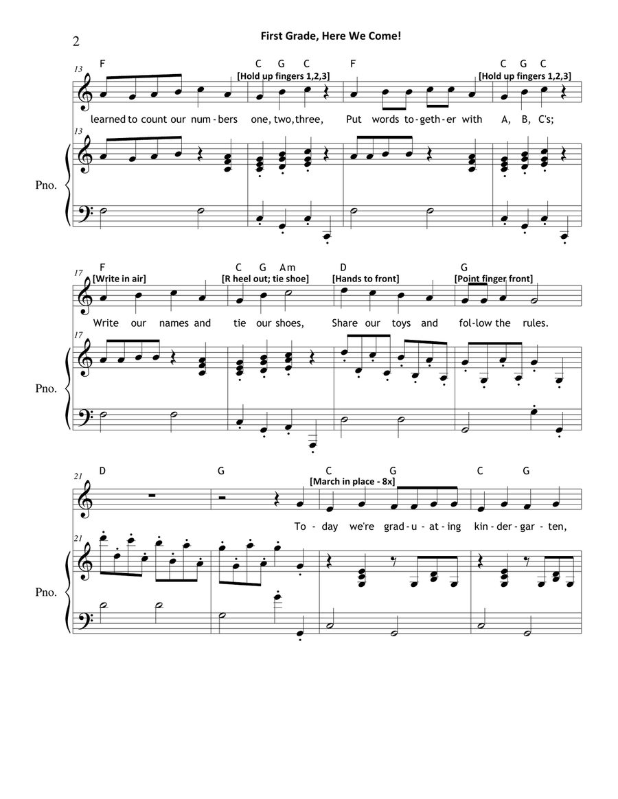 First Grade, Here We Come! (The Kindergarten Graduation Song) Unison Choir scores gallery preview page 2