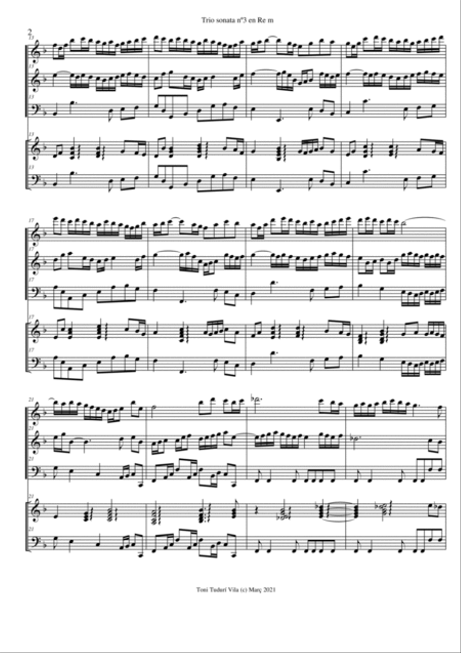Trio sonata nº3 in D minor for flute, violin & cello or 2 violins & cello and basso continuo (SCORE Small Ensemble scores gallery preview page 2