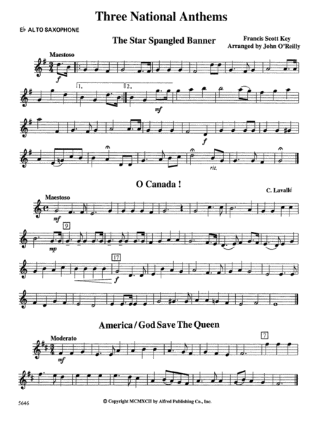 Three National Anthems (Star Spangled Banner, O Canada!, America/God Save the Queen): E-flat Alto Saxophone