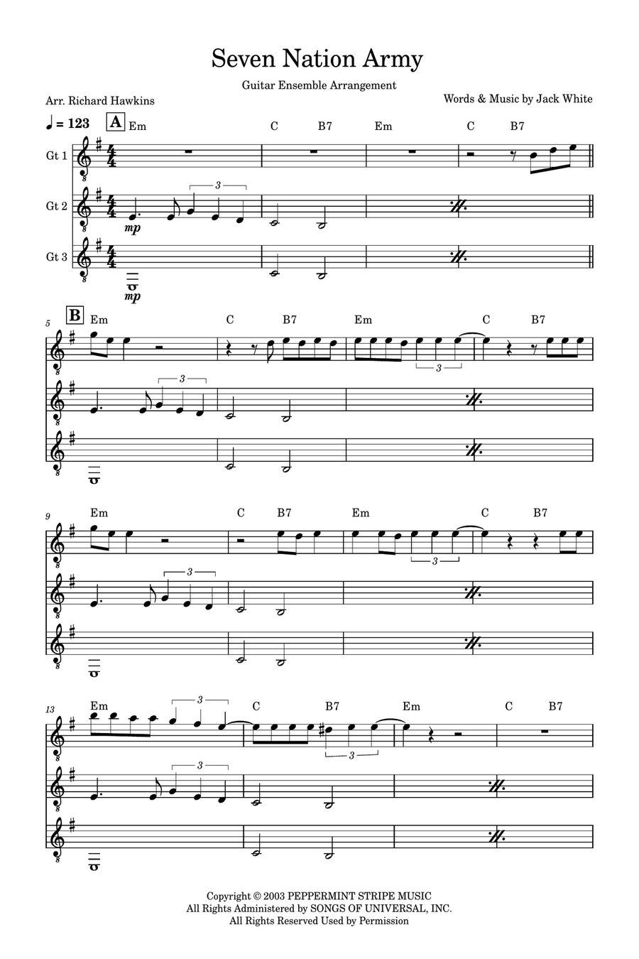 Seven Nation Army Guitar Ensemble scores gallery preview page 1
