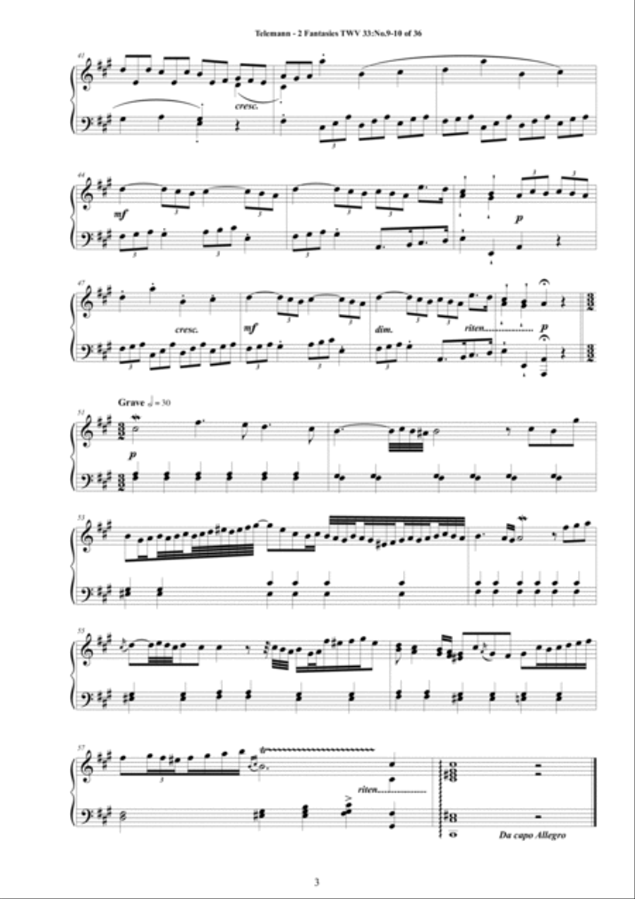 Teleman - 2 Fantasies in (A major A minor) TWV 33 No.9-10 of 36 for Piano Piano Solo scores gallery preview page 3