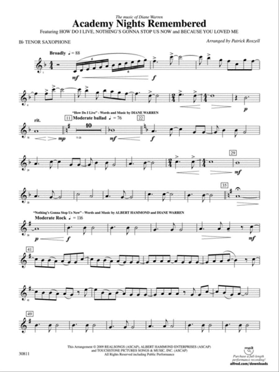 Academy Nights Remembered (The Music of Diane Warren): B-flat Tenor Saxophone Concert Band scores gallery preview page 1