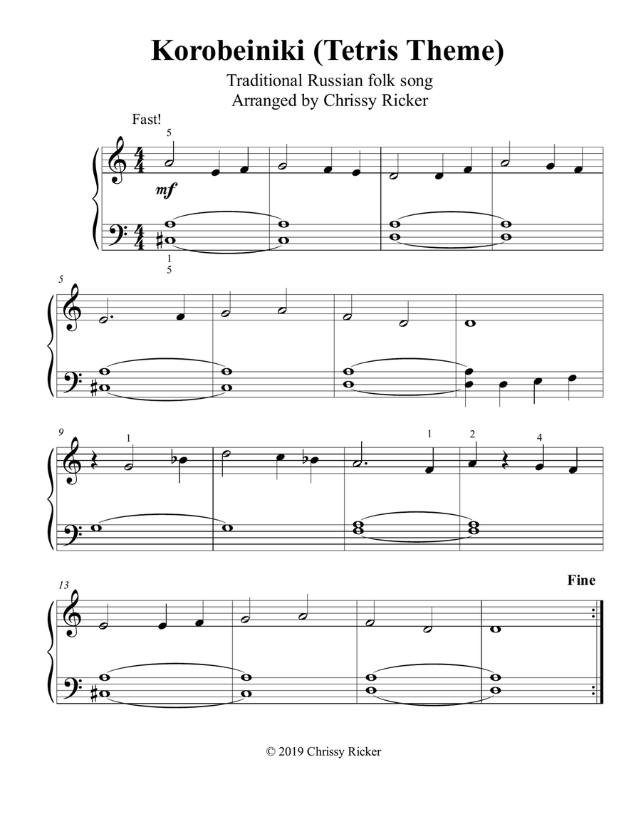 Korobeiniki (Tetris Theme) - big note piano solo Easy Piano scores gallery preview page 1
