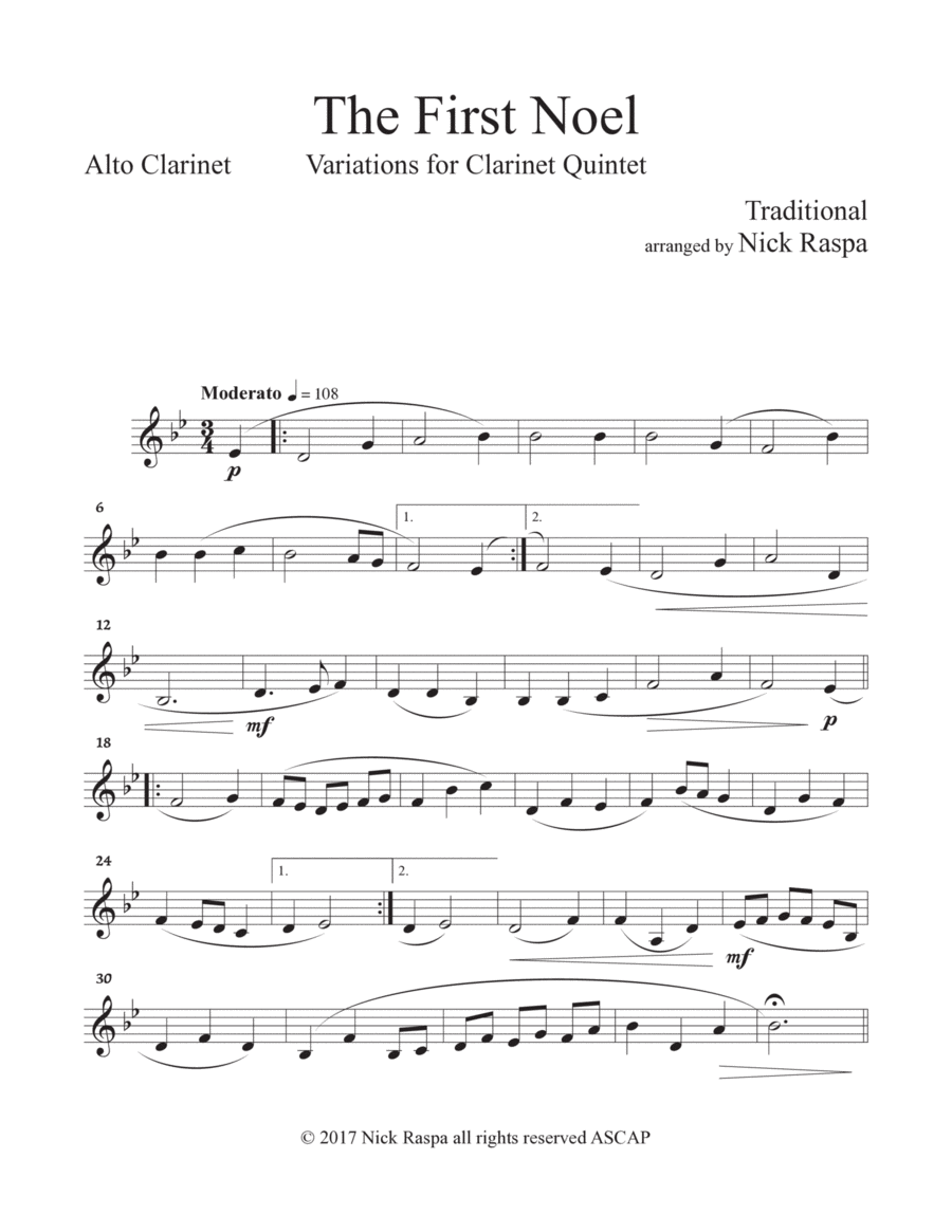 The First Noel (Variations for Clarinet Quintet) Alto Clarinet part image number null