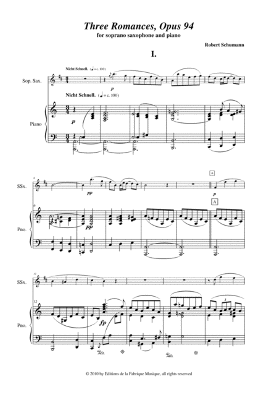 Robert Schumann: Three Romances (Drei Romanzen), Opus 94, arranged for Bb soprano saxophone and pia