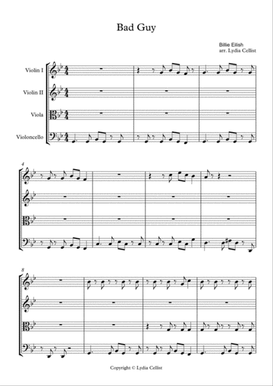 Bad Guy Bad Guy String Quartet scores gallery preview page 1