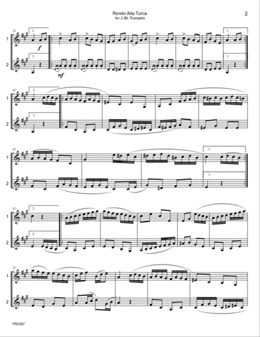 RONDO ALLA TURCA (Mozart) arranged for TRUMPET DUET (unaccompanied) Trumpet Duet scores gallery preview page 2