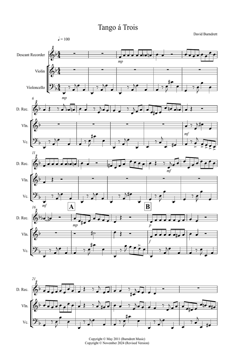 Tango a Trios for Descant Recorder, Violin and Cello Trio Small Ensemble scores gallery preview page 1