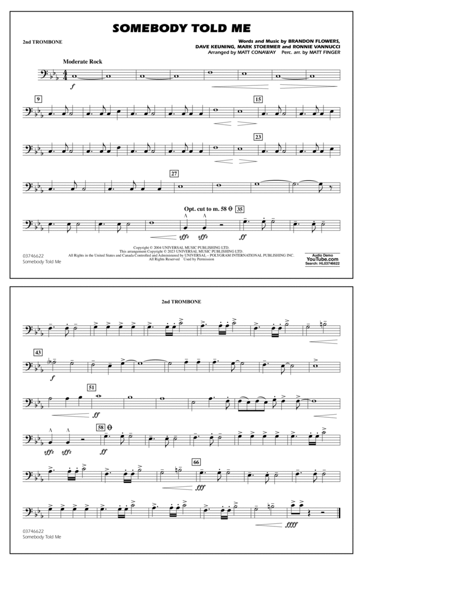 Somebody Told Me (arr. Conaway & Fingers) - 2nd Trombone Marching Band scores gallery preview page 1