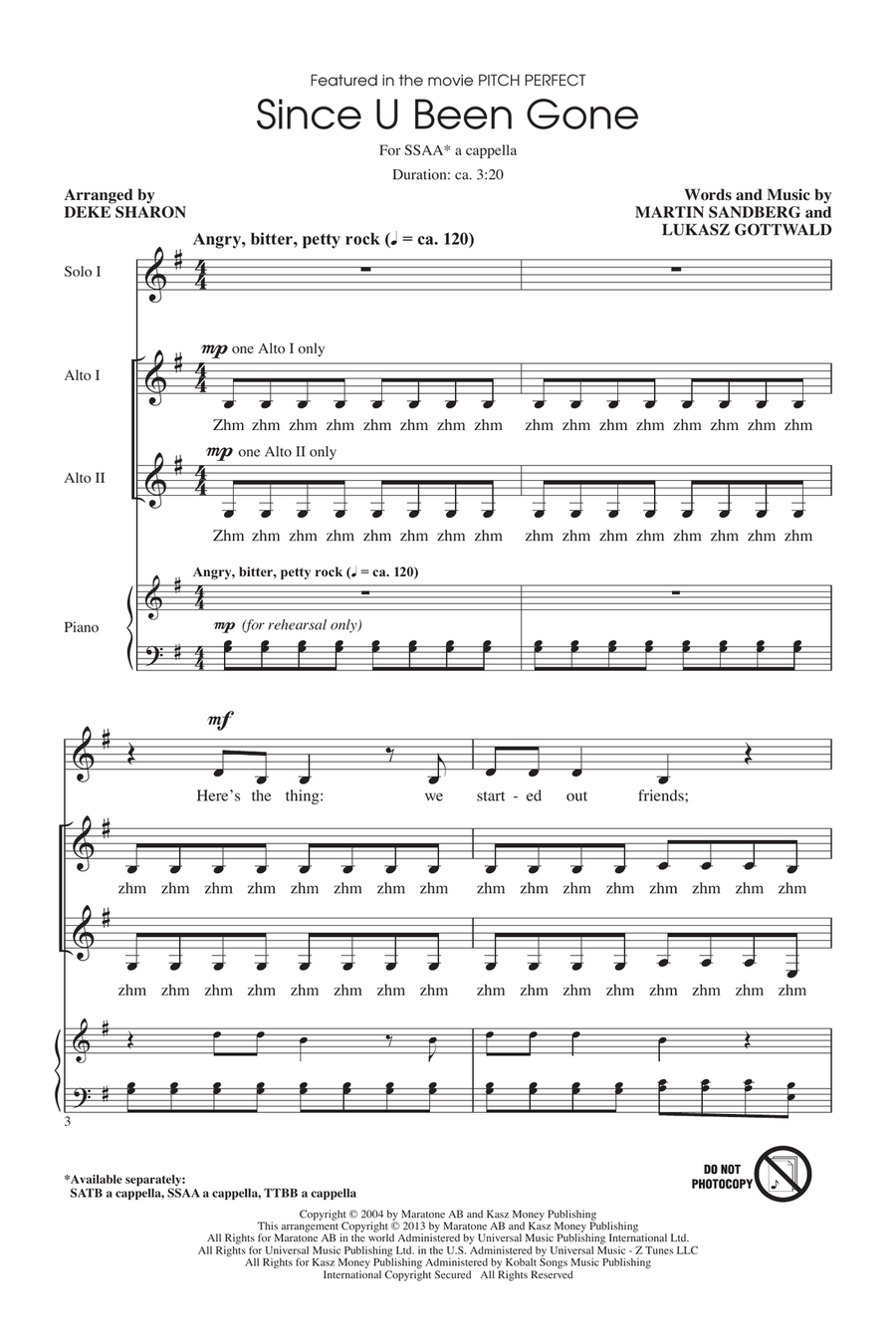 Since U Been Gone (as performed in Pitch Perfect) (arr. Deke Sharon) SSA scores gallery preview page 1