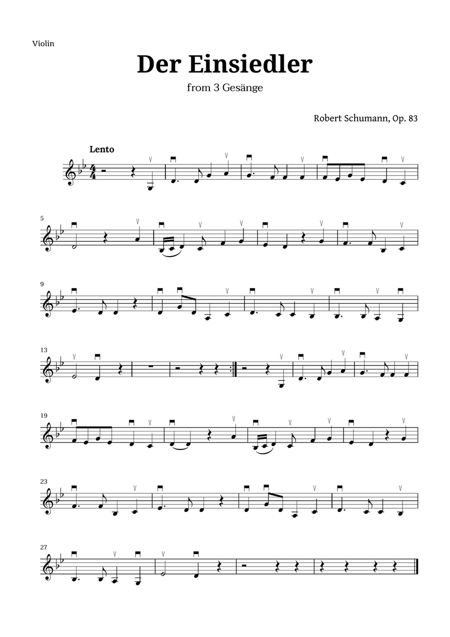Der Einsiedler by Schumann for Violin Violin Solo scores gallery preview page 1