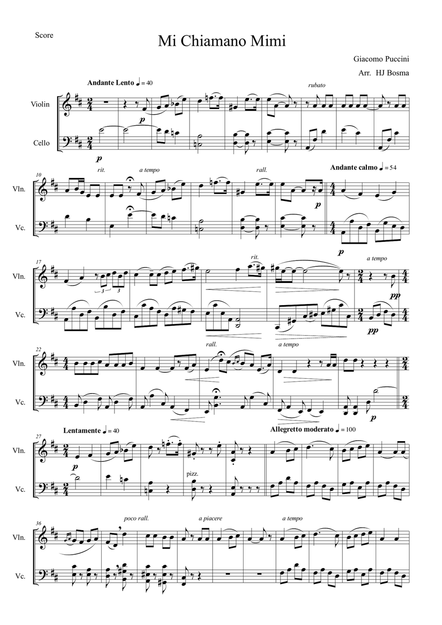 Puccini - Mi Chiamano Mimi - for string duet (violin/cello) String Duet scores gallery preview page 1