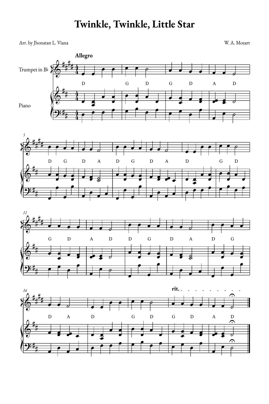 Twinkle, Twinkle, Little Star B-Flat Trumpet scores gallery preview page 1