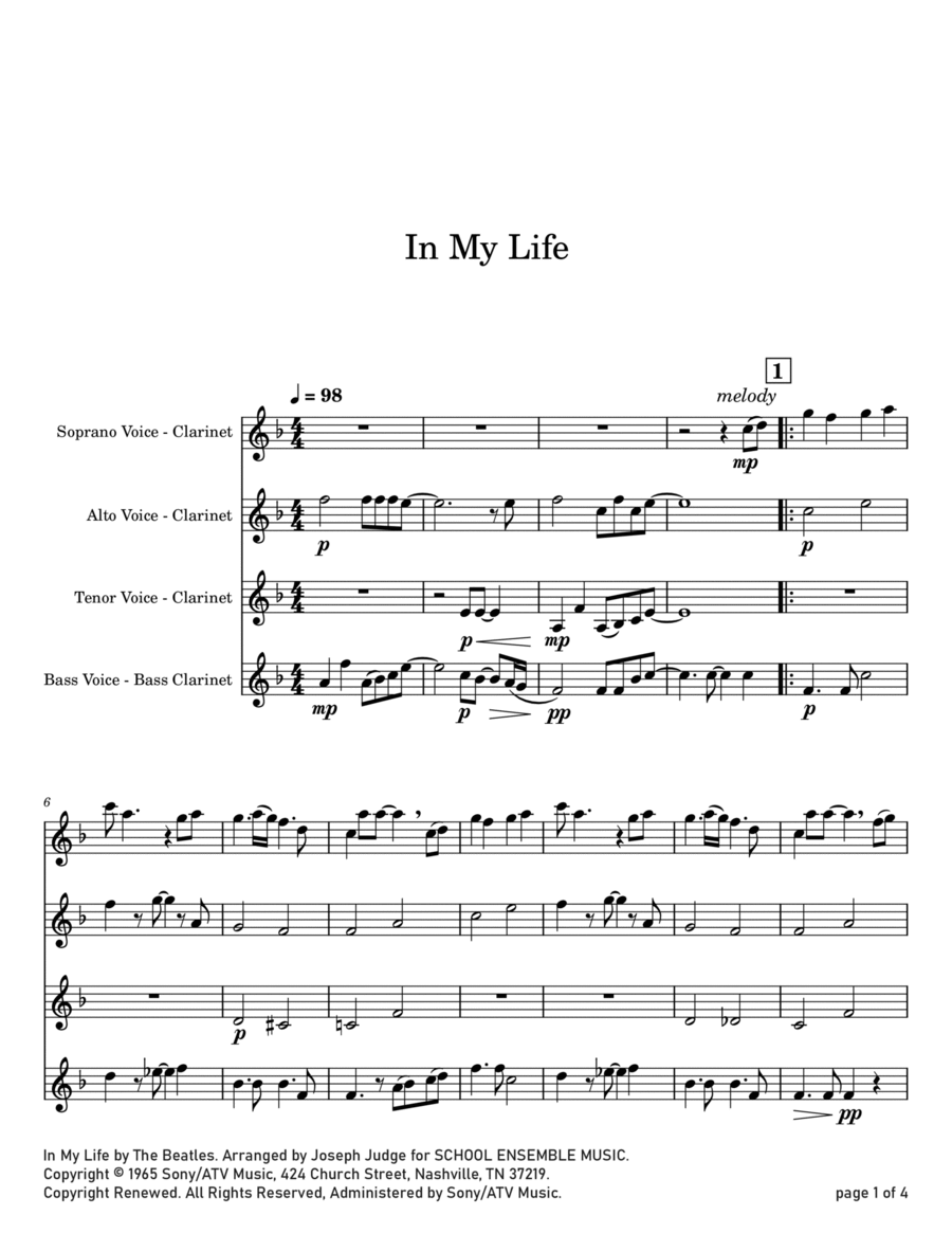In My Life In My Life Clarinet Quartet scores gallery preview page 1