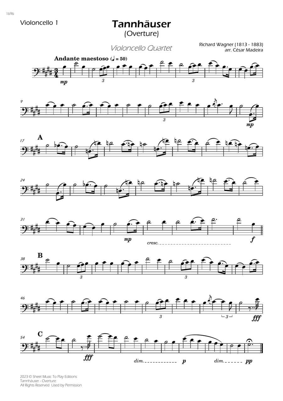 Tannhäuser (Overture) - Cello Quartet (Individual Parts) String Quartet scores gallery preview page 1