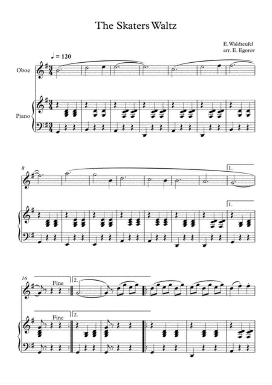 The Skaters Waltz, Emile Waldteufel, For Oboe & Piano Piano scores gallery preview page 1