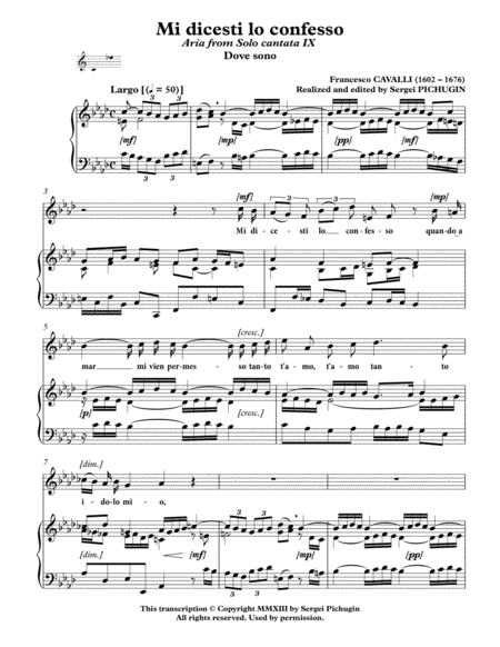CAVALLI Francesco: Mi dicesti lo confesso, aria from the cantata, arranged for Voice and Piano (F mi