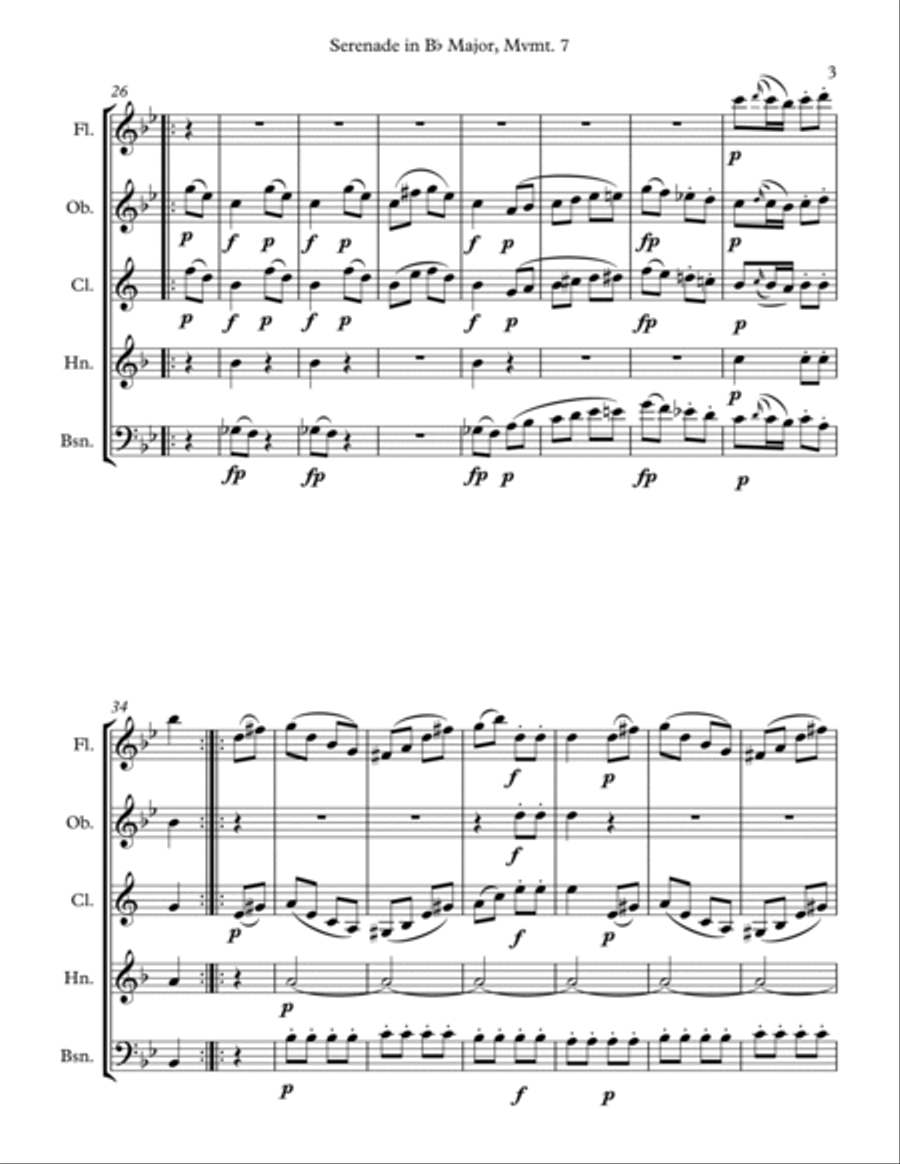 Mozart: Serenade in Bb Major, K. 361 (Gran Partita) for Wind Quintet Mvmt. 7 (Allegro molto) Woodwind Quintet scores gallery preview page 3