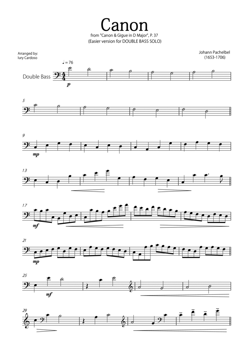 "Canon" by Pachelbel - EASY version for DOUBLE BASS SOLO. image number null
