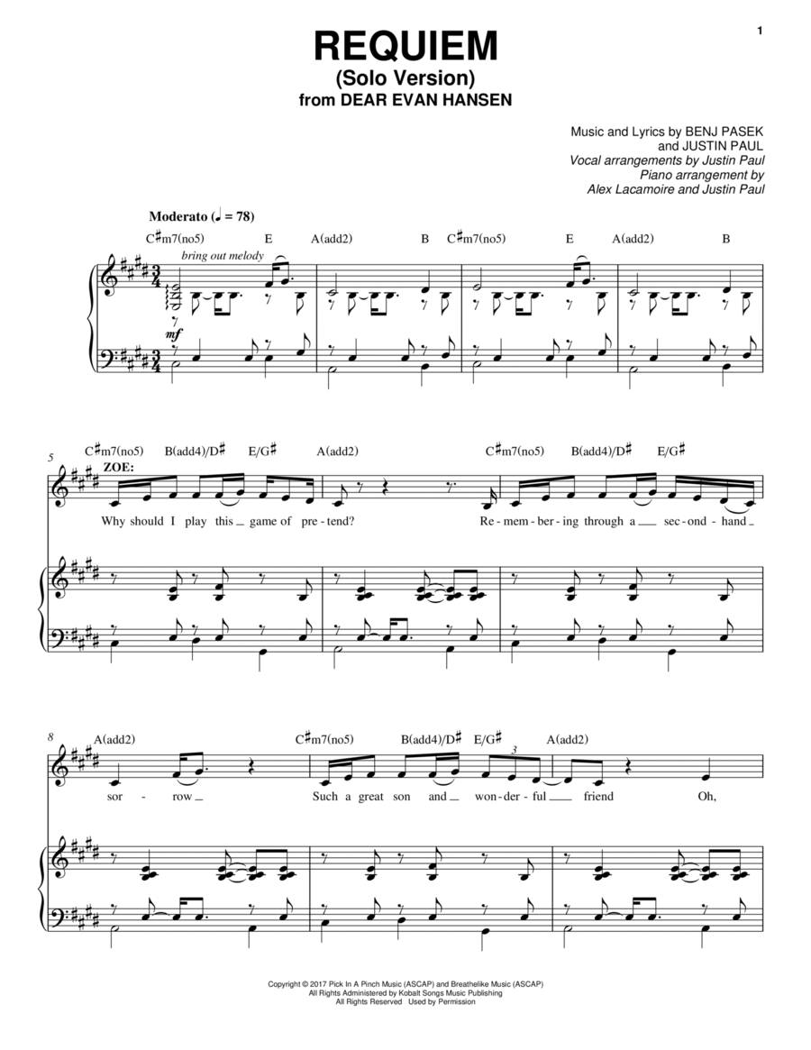 Requiem (Solo Version) (from Dear Evan Hansen) Voice scores gallery preview page 1