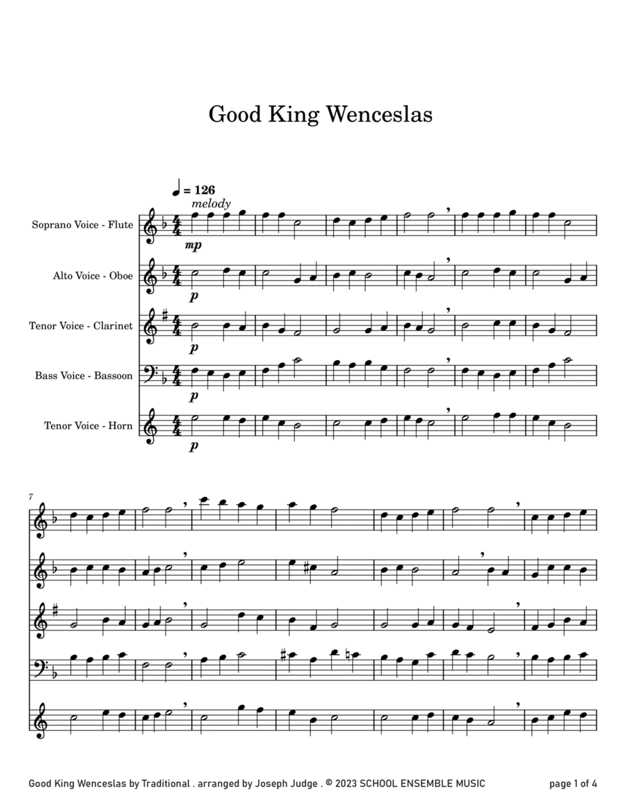 Good King Wenceslas for Woodwind Quartet in Schools Woodwind Quartet scores gallery preview page 1
