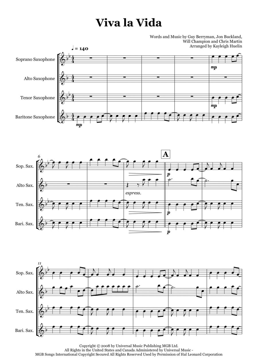 Viva La Vida Saxophone Quartet scores gallery preview page 1