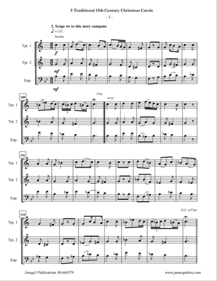 5 Traditional 15th Century Christmas Carols for Trumpet Duo & Euphonium Brass Duet scores gallery preview page 5
