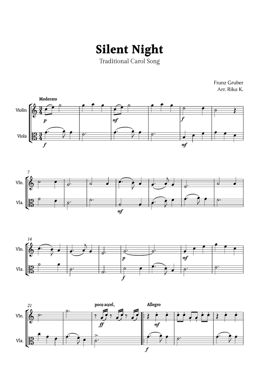 Silent Night for Violin and Viola Duet String Duet scores gallery preview page 1