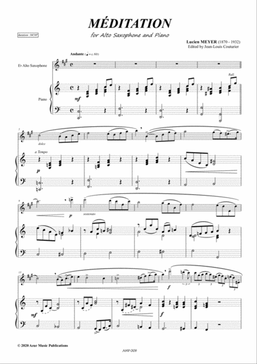 Lucien MEYER (1870-1932) MEDITATION for Alto Saxophone and Piano (1908). Alto Saxophone scores gallery preview page 3
