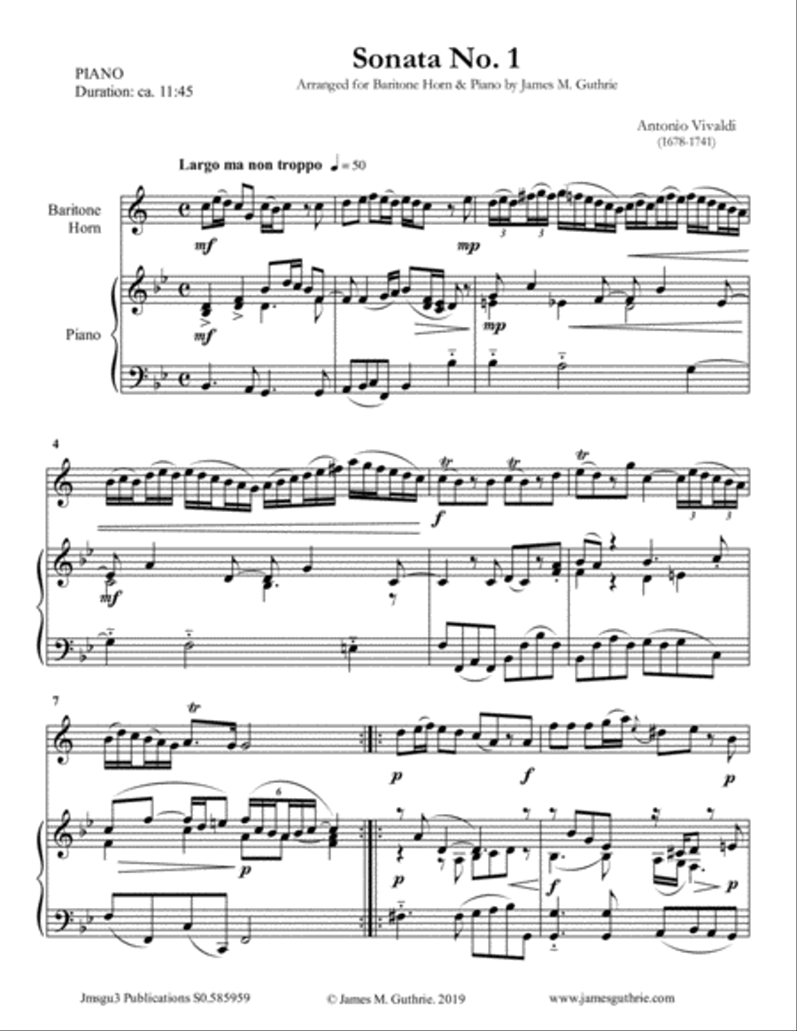 Vivaldi: The Six Sonatas Complete for Baritone Horn & Piano Baritone Horn scores gallery preview page 1