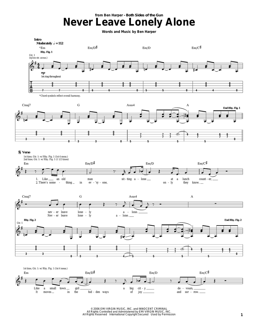 Never Leave Lonely Alone Acoustic Guitar scores gallery preview page 1