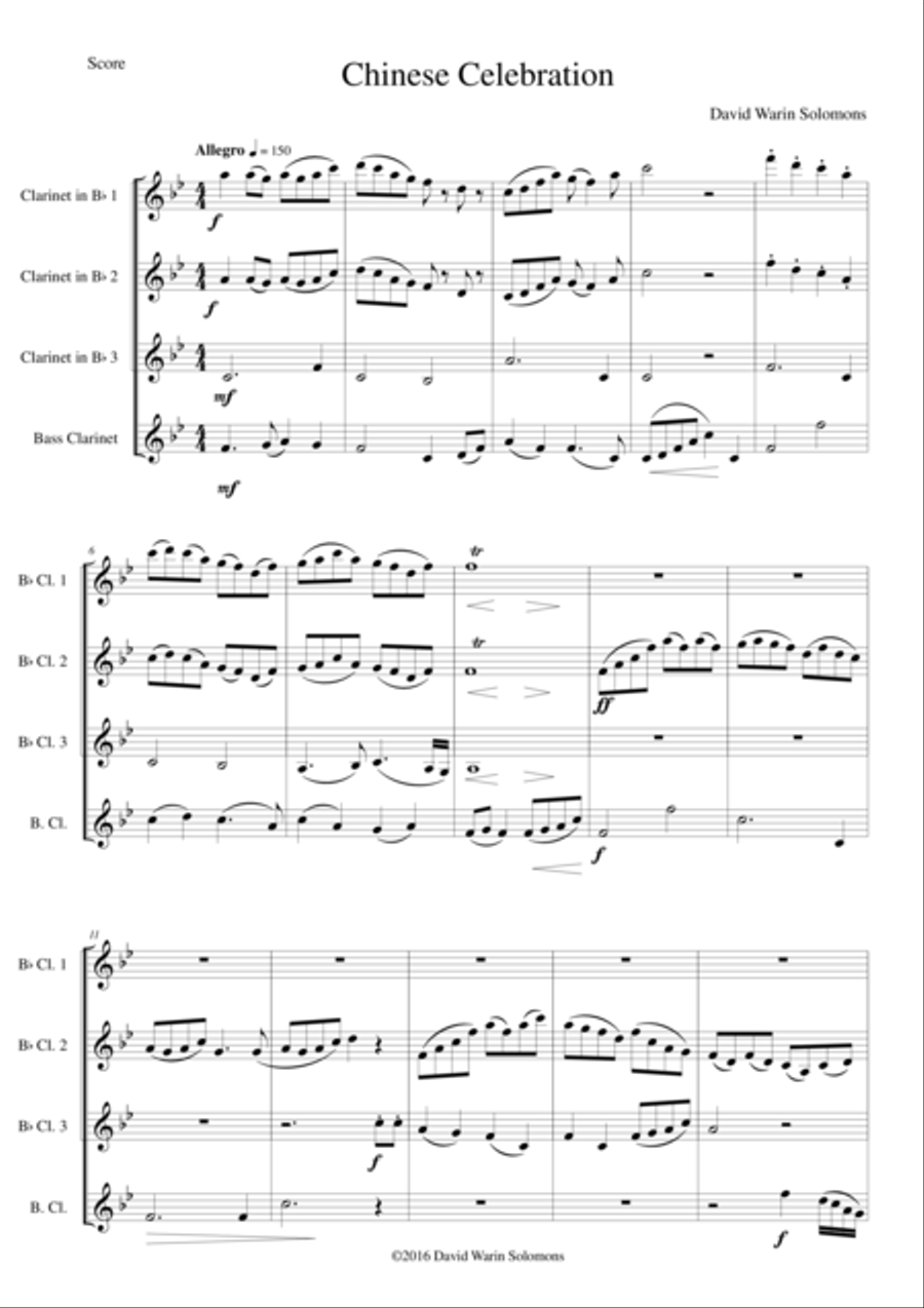Chinese Celebration for clarinet quartet Clarinet Quartet scores gallery preview page 1
