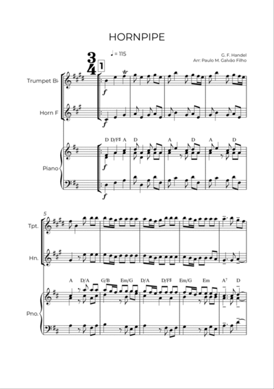 HORNPIPE - HANDEL - BRASS PIANO TRIO (TRUMPET, HORN & PIANO) Brass Duet scores gallery preview page 2