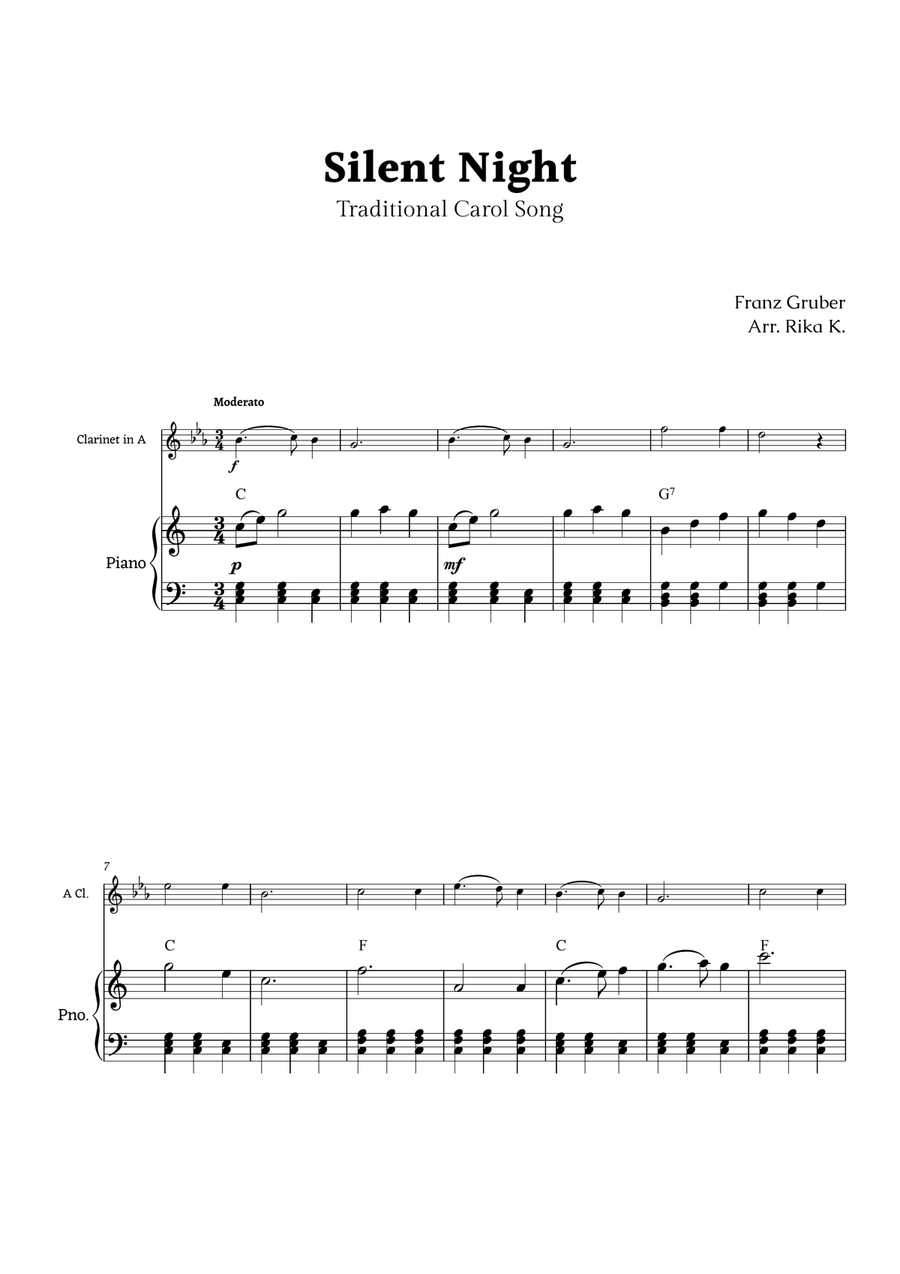 Silent Night for A Clarinet and Piano Chamber Music scores gallery preview page 1