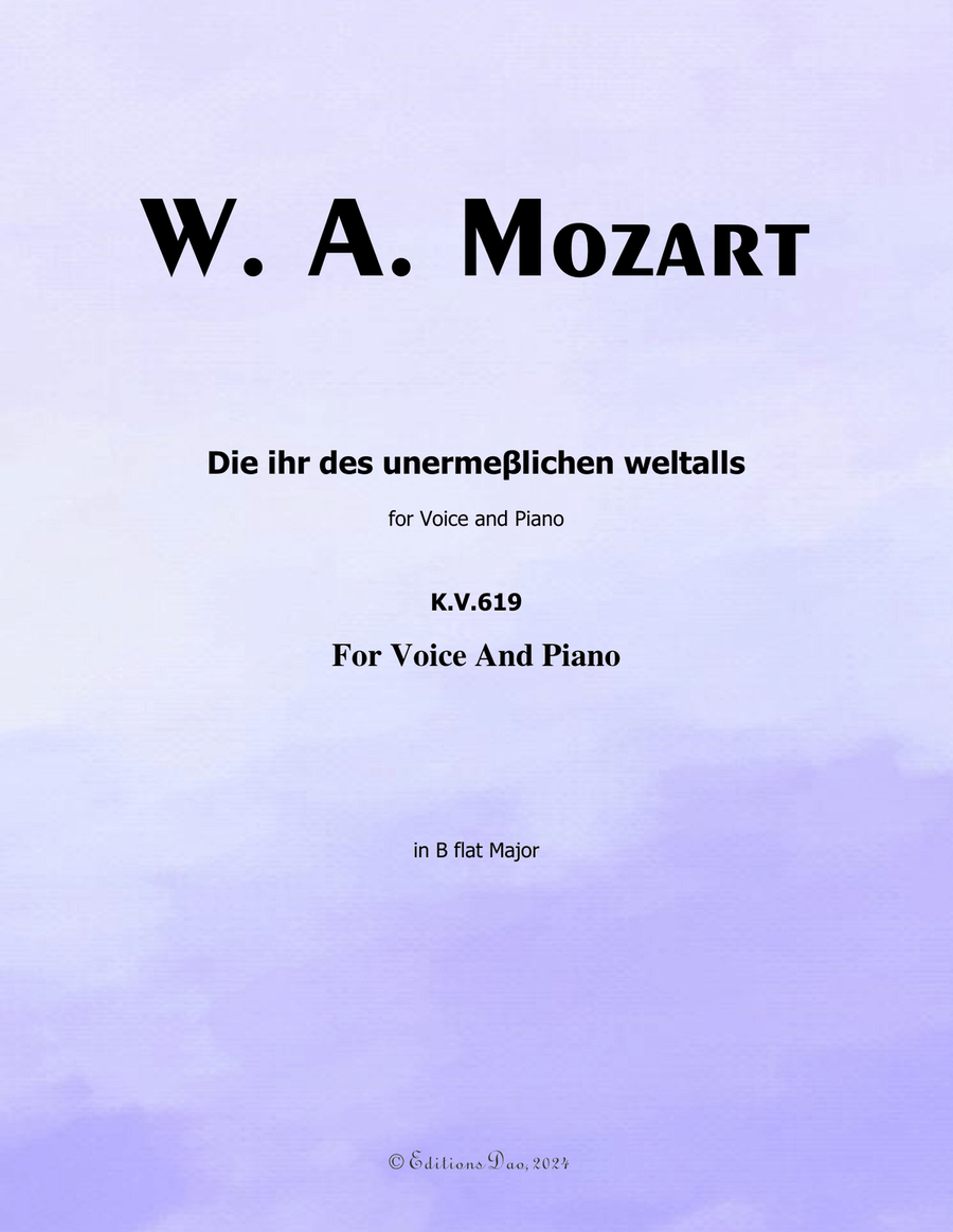 Die ihr des unermeβlichen weltalls, by Mozart, K.V.619, in B flat Major Piano, Vocal scores gallery preview page 1