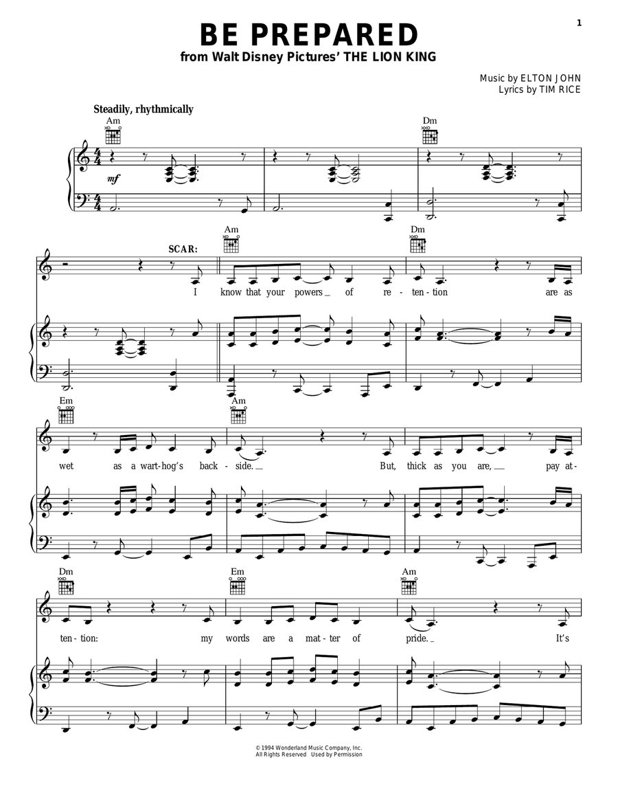 Be Prepared (from The Lion King) Piano, Vocal, Guitar scores gallery preview page 1