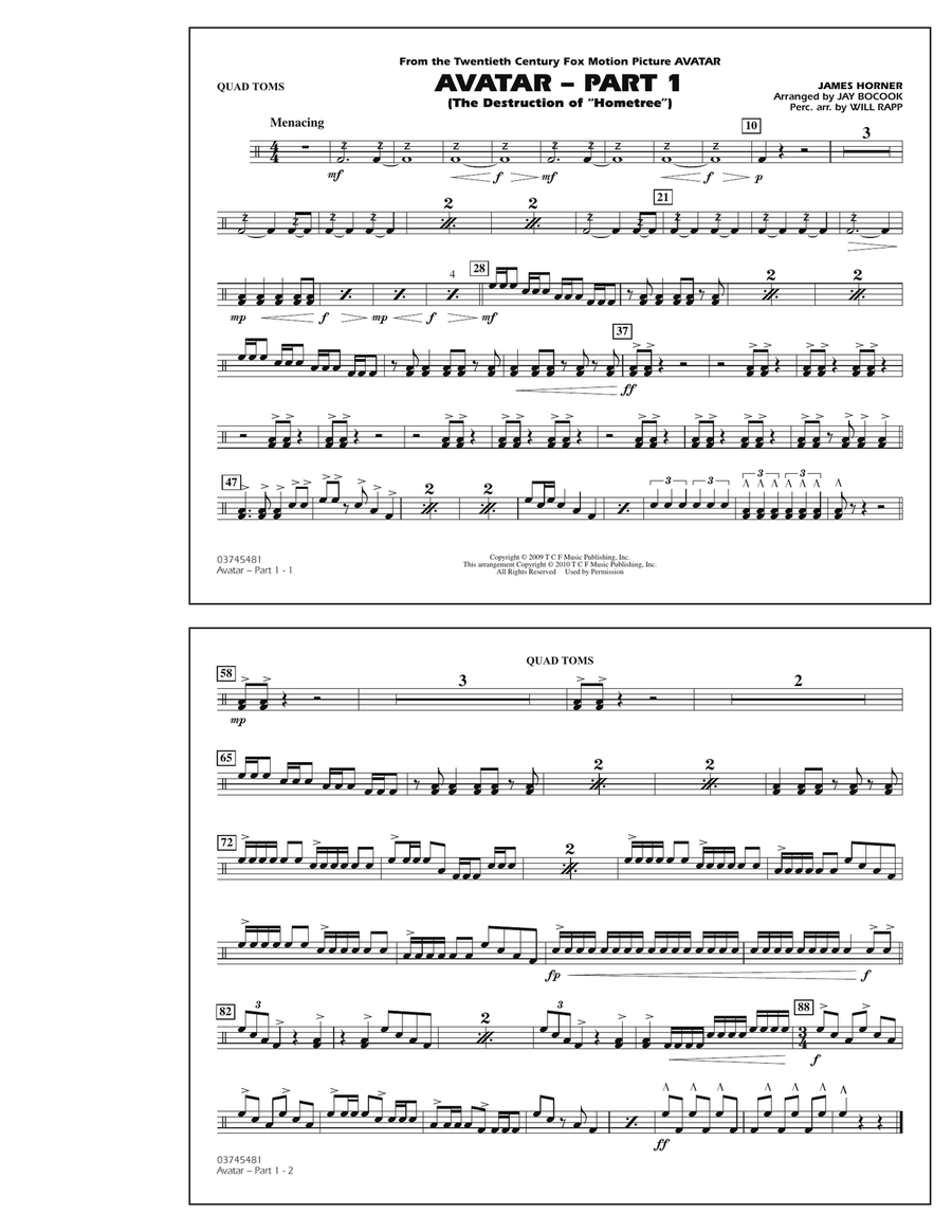 Avatar: Part 1 - Quad Toms Marching Band scores gallery preview page 1