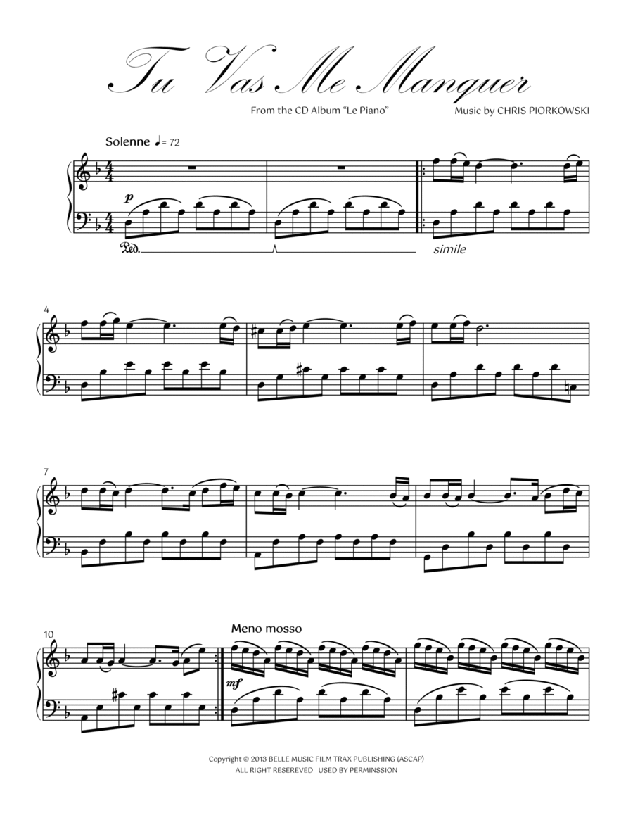 TU VAS ME MANQUER TU VAS ME MANQUER Piano Solo scores gallery preview page 1