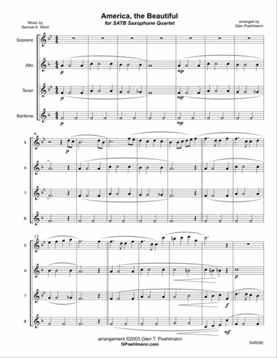 AMERICA THE BEAUTIFUL arranged for SAXOPHONE QUARTET (SATB or AATB) Saxophone Quartet scores gallery preview page 1