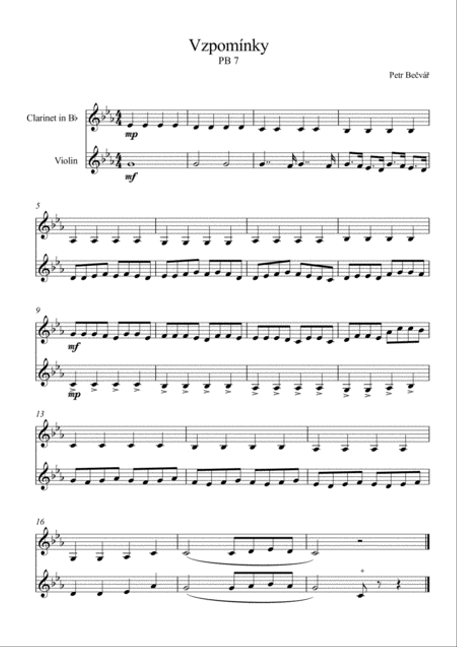 Vzpomínky (Memories) Vzpomínky (Memories) Clarinet scores gallery preview page 1