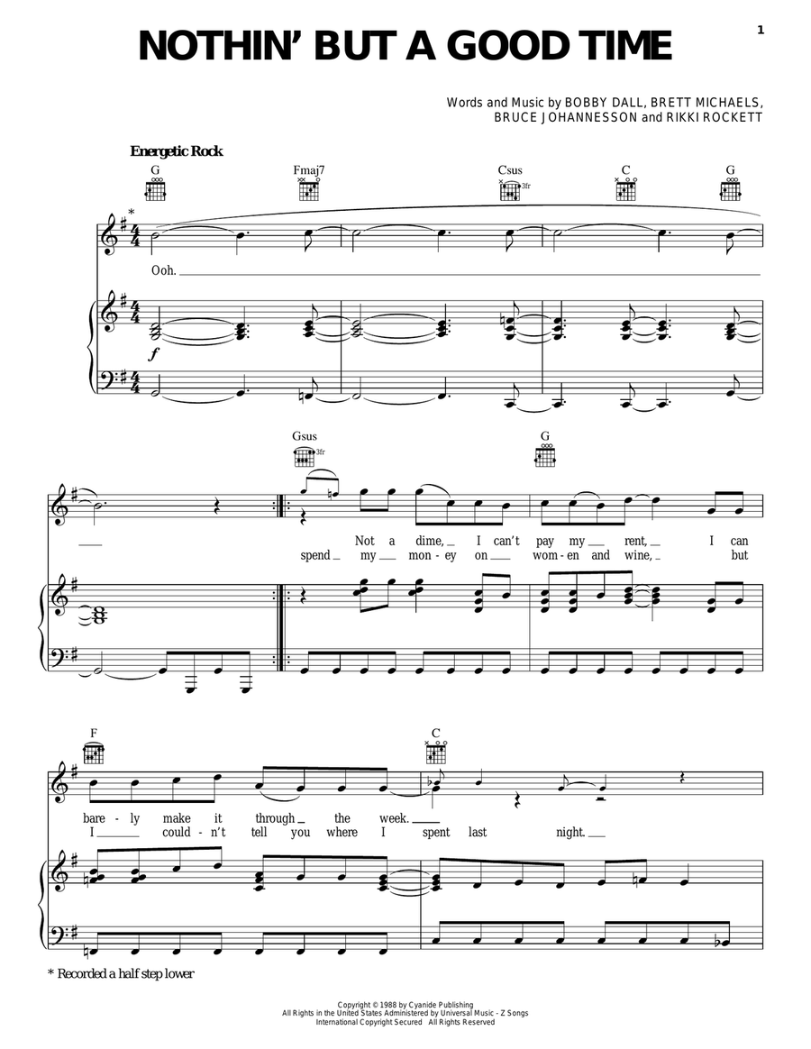 Nothin' But A Good Time Piano, Vocal, Guitar scores gallery preview page 1