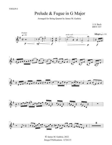 Bach: Prelude & Fugue in G Major BWV 557 for String Quartet image number null
