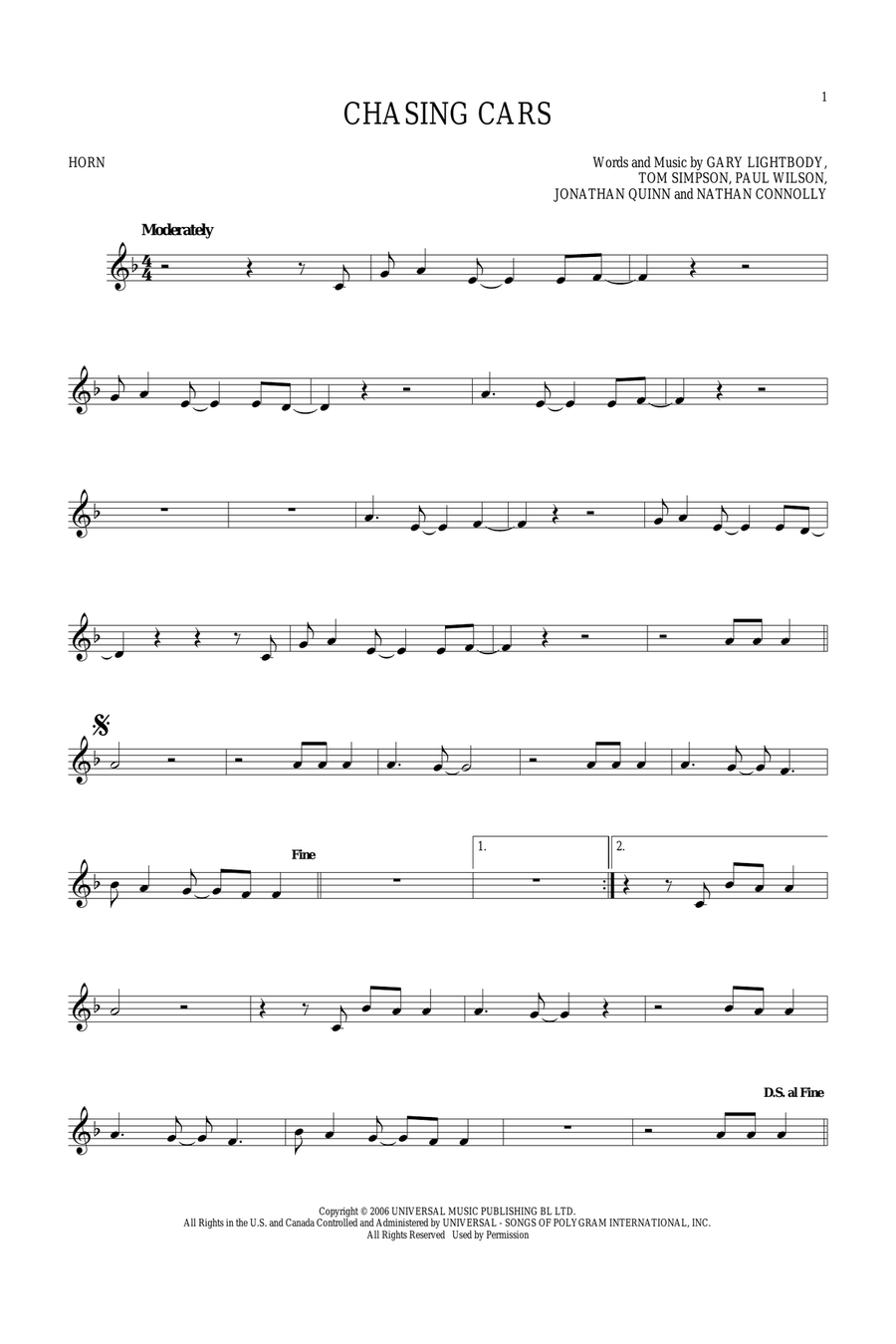 Chasing Cars Horn Solo scores gallery preview page 1
