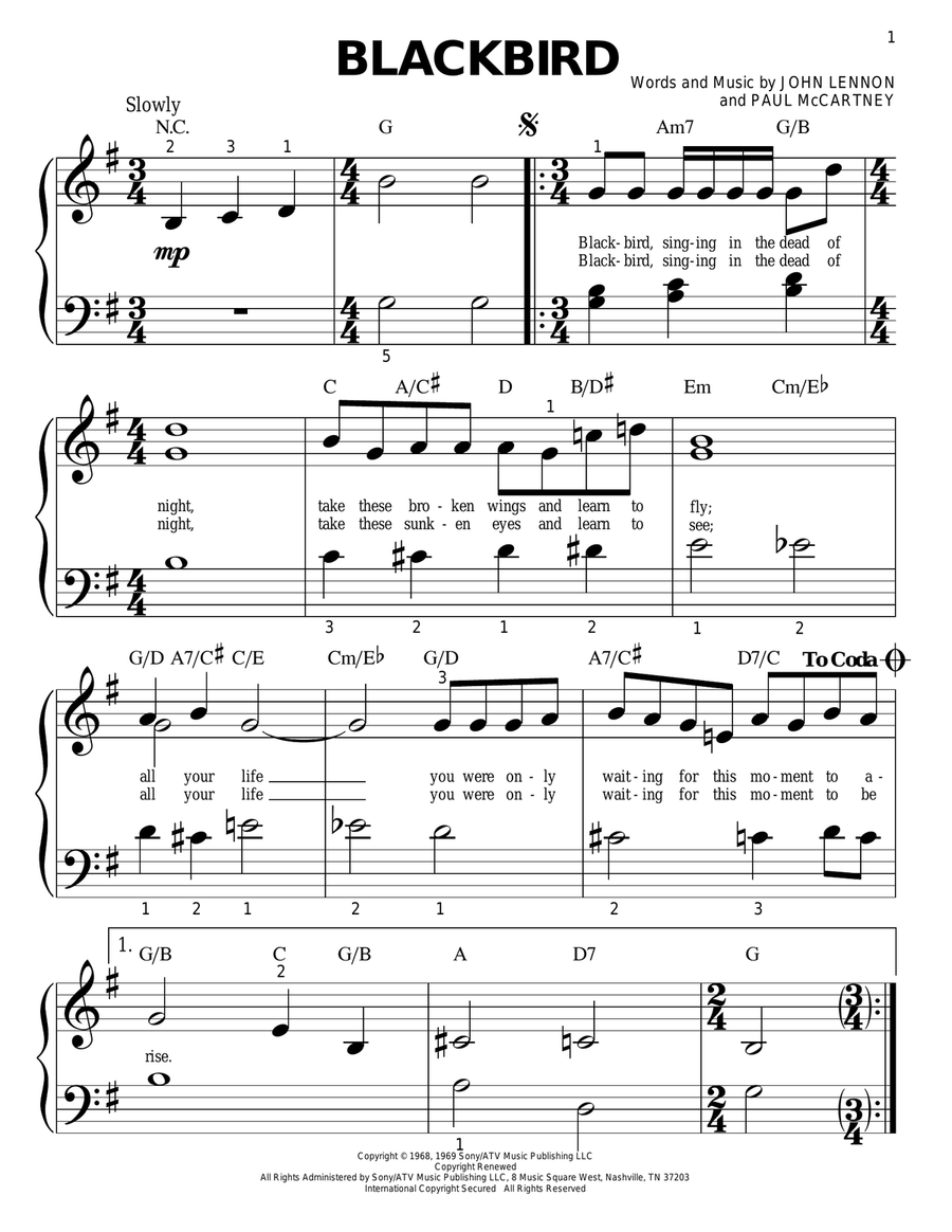 Blackbird Easy Piano scores gallery preview page 1