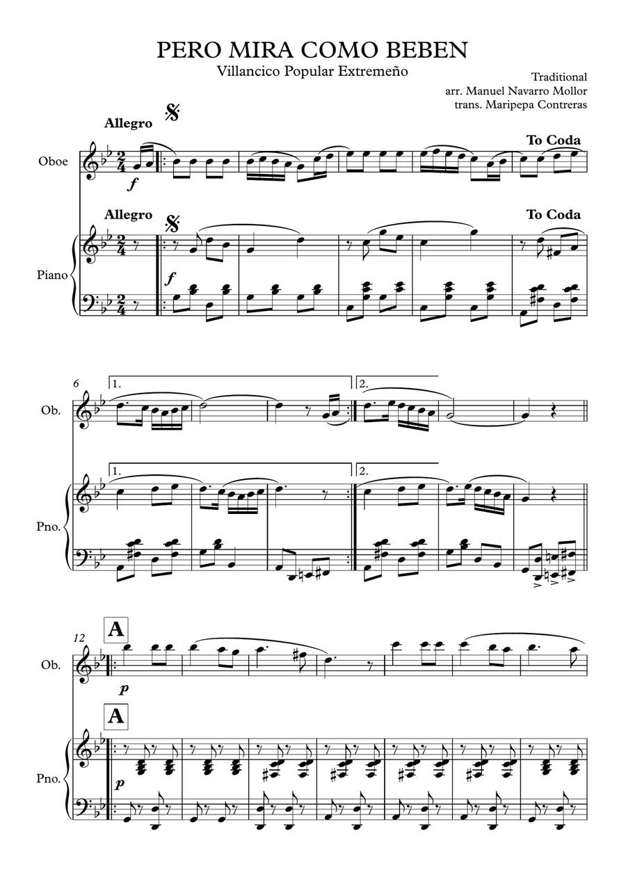 Pero mira como beben (los peces en el río) - villancico (oboe y piano) Small Ensemble scores gallery preview page 1