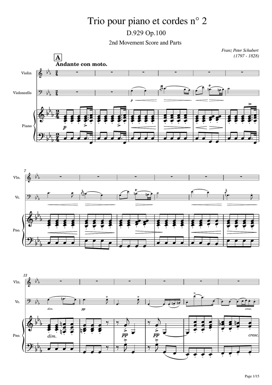 Schubert - Piano Trio in E-flat major, D.929 Op.100 2nd Mov - Andante con Moto Original Piano Trio scores gallery preview page 1