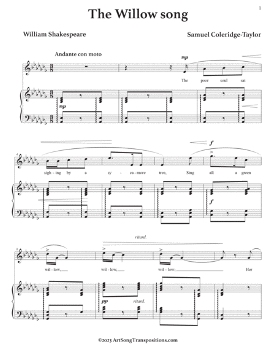 COLERIDGE-TAYLOR: The Willow song (transposed to A-flat minor) Voice scores gallery preview page 2